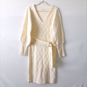 Venus Beige Womens Balloon Sleeve V Neck Belted Knit Sweater Dress Size L